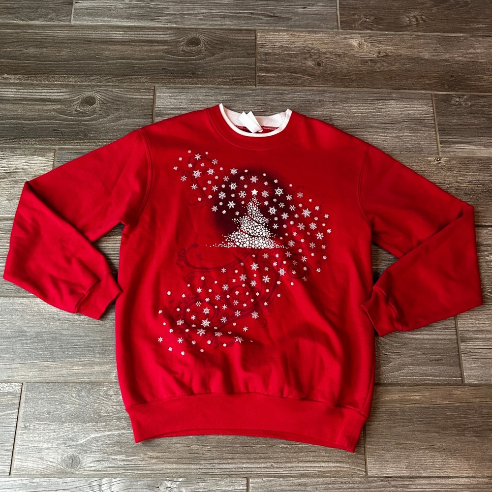 Vintage 90s Y2K Red Christmas Tree Snowflake Festive‎ Sweatshirt Women's Medium